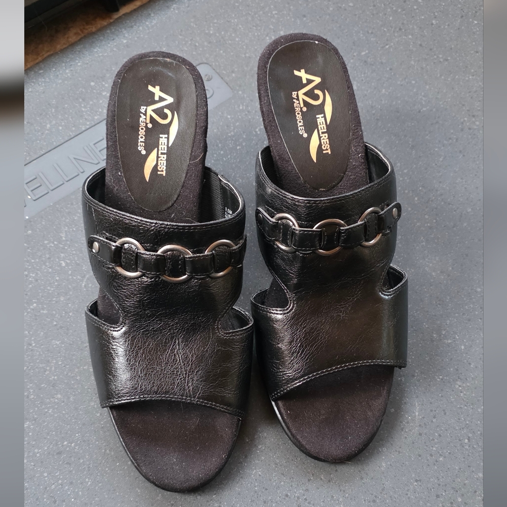 A2 Heelrest by Aerosoles Black Chain Detail Mules